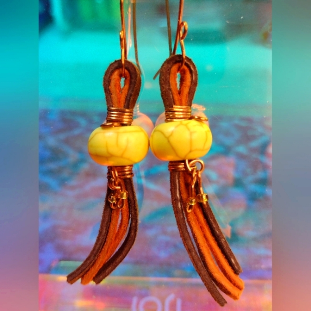 Copper wire wrapped beaded faux leather handmade earrings in yellow  Camel brown
